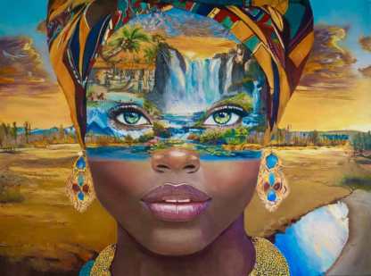 Neyla — Tableau africain, visage féminin peint à l'huile sur toile fait main. 100×70 cm, 15 ex. 589€ · Livraison offerte.