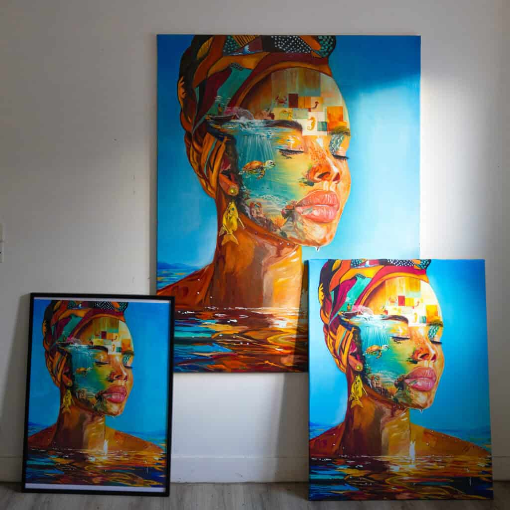 Métamorphose — Tableau art africain contemporain, peinture à l'huile sur toile fait main. Rehaussé par ABD, 100×70 cm, 15 ex. 589€ · Livraison offerte France.