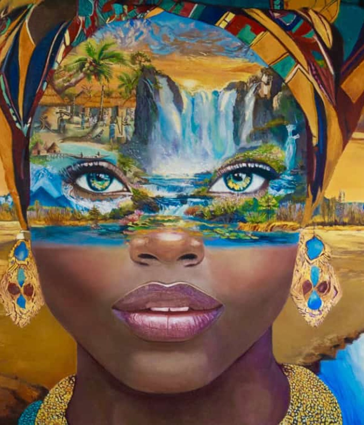 Neyla — Tableau africain, visage féminin peint à l'huile sur toile fait main. 100×70 cm, 15 ex. 589€ · Livraison offerte.