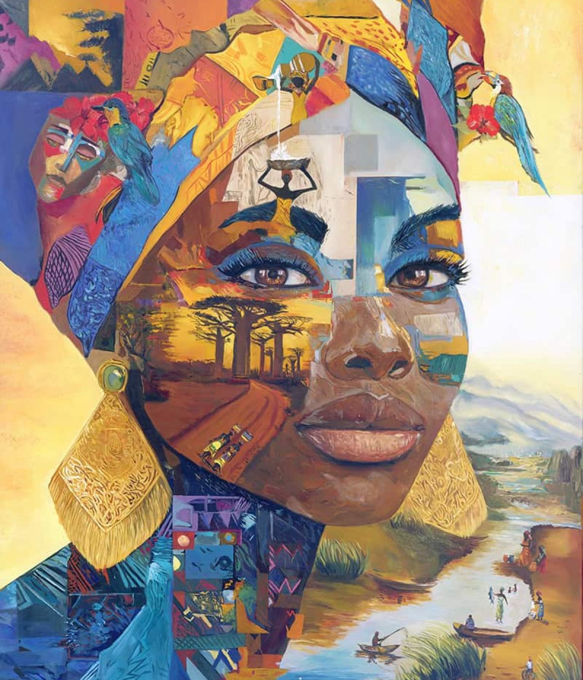 Mémoire d'Horizon tableau art africain paysage perroquets baobabs ABD